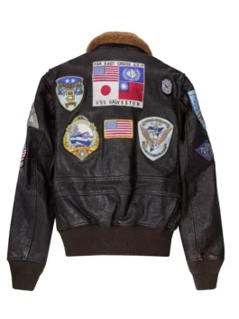 Back view of the maverick top gun jacket featuring the large central 