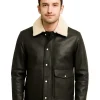 Men Black Button Shearling Leather Jacket