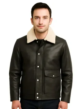 Men Black Button Shearling Leather Jacket
