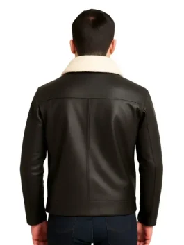 Men Black Button Shearling Leather Jacket