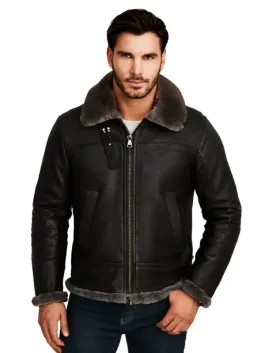 Men Black Shearling Jacket With Hoodie
