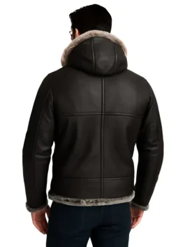 Men Black Shearling Jacket With Hoodie