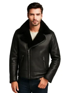 Men Black Shearling Moto Jacket