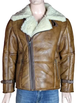 Product listing for a brown shearling jacket showing a 32% discount and free shipping icons.