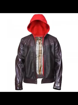 Men Hooded Brown and Red Leather Jacket (front)