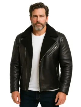 Men Luxury Shearling Black Leather Jacket