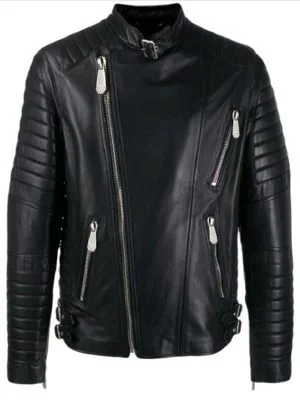 Men Padded Sleeves Black Biker Leather Jacket