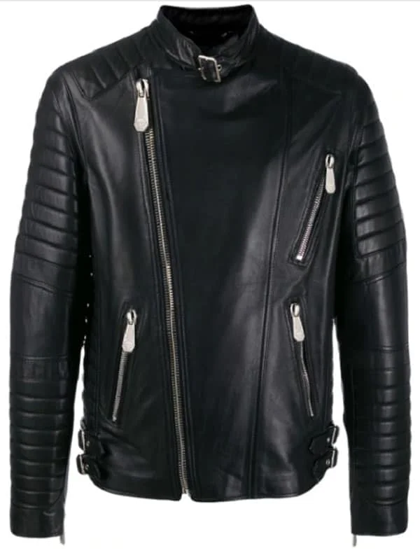 Men Padded Sleeves Black Biker Leather Jacket