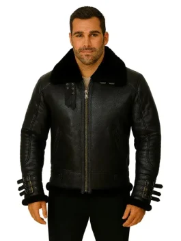 Men Black Shearling Biker Leather Jacket