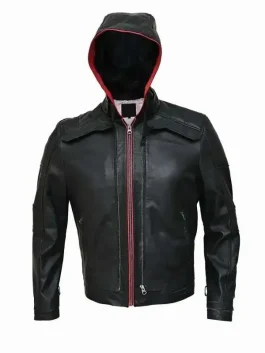 Mens Black Red Hood Leather Jacket