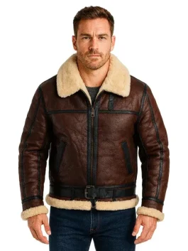 Mens Shearling Brown Bomber Leather Jacket