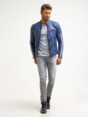 Alternative view of Men's Cafe Racer Leather Biker Blue Jacket With White Stripes