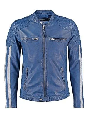 Men's Cafe Racer Leather Biker Blue Jacket With White Stripes