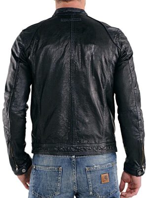 Alternative view of Mens Real Sheepskin Leather Cafe Racer Biker Jacket Black
