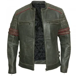 Men’s Cafe Racer Motorcycle Black Leather Jacket open