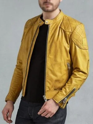 Men's Cafe Racer Yellow Leather Biker Jacket