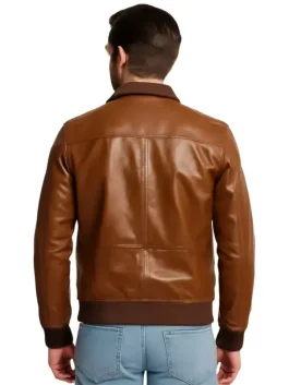 Men Bomber Shining Brown Leather Jacket