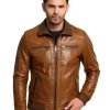 Men Bomber Shining Brown Leather Jacket