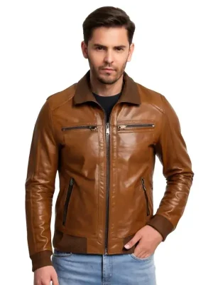 Men Bomber Shining Brown Leather Jacket