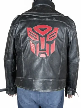 Rear view of a distressed black leather jacket featuring a prominent red leather faction logo patch on the center back panel.
