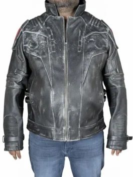 Front view of a distressed black armor leather jacket for men featuring a high structured collar, heavy-duty central zipper, and rugged padded shoulder detailing.