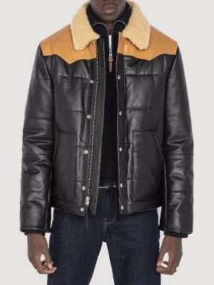 Men Classic Puffer Leather Black Jacket