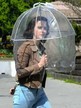 Mrs. Maisel The Marvelous Brown Suede Leather Jacket side pose