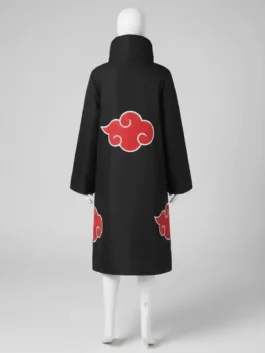 Back view of Naruto Akatsuki Cloak showing signature red clouds. Premium Akatsuki outfit and long black coat perfect for anime cosplay.