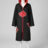 Front view of a Naruto Akatsuki Robe with red lining. High-quality anime cosplay costume and Itachi Uchiha Akatsuki cloak for Halloween events.