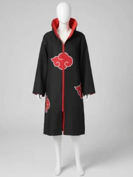 Front view of a Naruto Akatsuki Robe with red lining. High-quality anime cosplay costume and Itachi Uchiha Akatsuki cloak for Halloween events.