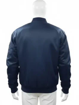 Back view of a minimalist black satin bomber jacket on a white mannequin for men's, a classic flight bomber jacket style, perfect for casual streetwear or spring/fall layering.