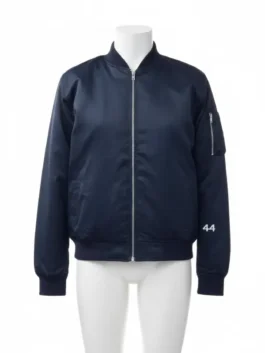 Black satin bomber jacket for men, MA-1 style, featuring a front zipper, rib knit collar/cuffs/hem, and "44" on the sleeve. Barack Obama bomber jacket style on a white mannequin.