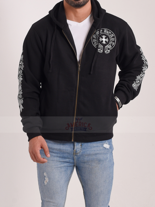 Black Floral Cross Zip-up Hoodie - Chrome-Heart Hoodie - Shop