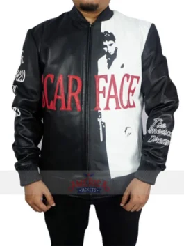 Tony Montana Scarface Black and White Leather Bomber Jacket
