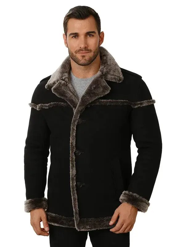 Men Shearling Black Leather Coat