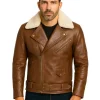 Men’s Brown Leather Motorcycle Jacket With Fur Collar