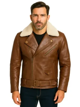 Men’s Brown Leather Motorcycle Jacket With Fur Collar