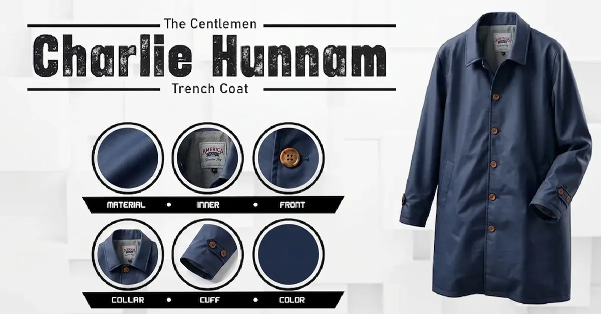 E-commerce infographic for the navy blue trench coat worn by Charlie Hunnam in The Gentlemen, highlighting the premium fabric texture, inner lining, button details, and structured collar.