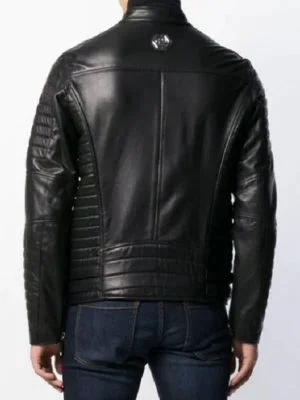 Alternative view of Men Padded Sleeves Black Biker Leather Jacket