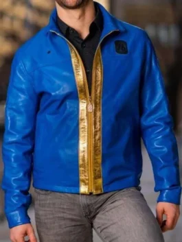 Vault Dweller 76 Fallout leather jacket on a man, open to show the blue and yellow design.