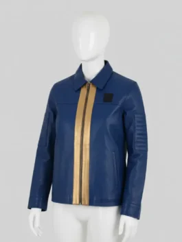 Fallout 76 Vault Dweller blue leather jacket on a white mannequin, featuring the gold zip stripe.