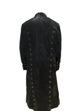 Rear view of the long black leather WWE Edge Royal Rumble Trench Coat highlighting two parallel vertical rows of silver grommets running down the back.