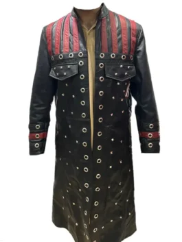 Front view of the black leather WWE Edge Royal Rumble Trench Coat featuring vertical red chest stripes, metallic eyelets, studded chest pockets, and an open-front design.