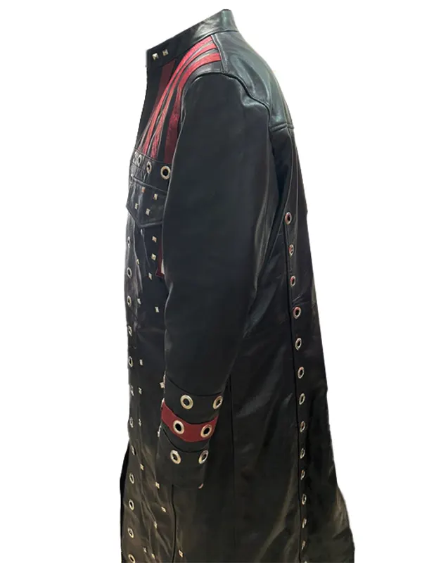 Side profile view of the WWE Edge Royal Rumble Trench Coat showing the sleek black leather sleeve, structured shoulder padding, and a red leather stripe on the cuff.