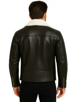 Men White Fur Black Leather Jacket