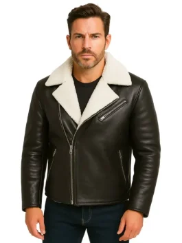 Men White Fur Black Leather Jacket