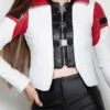 Women's white and red leather jacket with black buckled front panels