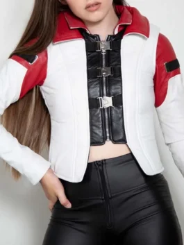 Women's white and red leather jacket with black buckled front panels