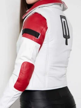 Futuristic cropped leather jacket featuring unique buckle closures and red sleeve accents