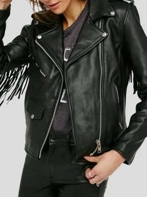 Women's Black Leather Fringe Jacket